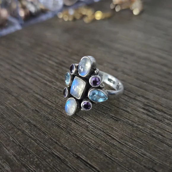 Nicky Butler 925 Sterling Silver Moonstone Blue Topaz Amethyst Ring Sz 7 Vintage - Picture 15 of 16